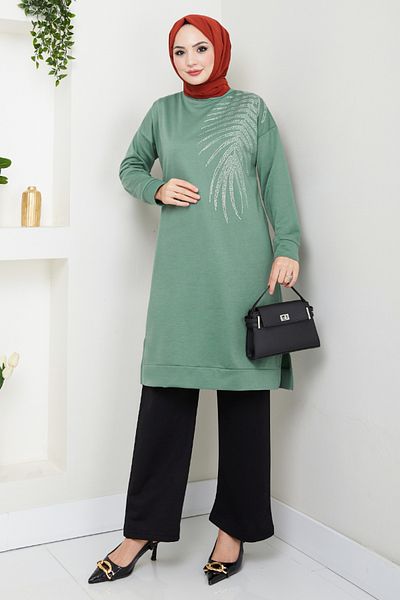 ModaMerve Stone Patterned Hijab Suit 6040Uz1029-M Mint&Black