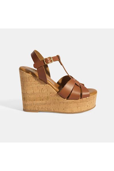 Desa Women's Tan Buckle Accessory T-Strap Leather Wedge Heeled Sandals