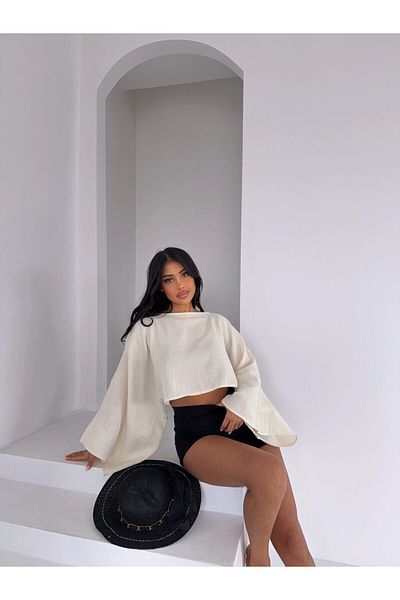 hazelin Γυναικεία ανοιχτή κρέμα Poncho Model Muslin Μπλούζα HZL25S-DSB16161