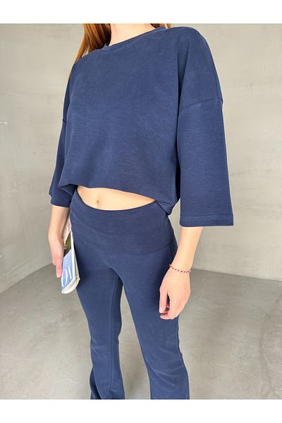 Cappmoda TKM-03666 Navy Blue Crew λαιμόκοψη μισό μανίκι T-shirt Φαρδύ παντελόνι με φαρδύ πόδι Modal υφασμάτινο κοστούμι δύο τεμαχίων