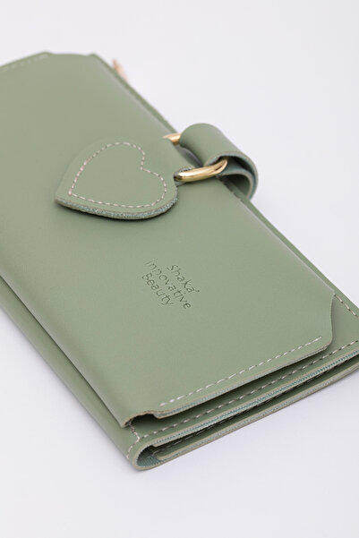SHAKA Shk65 Mint Green Soft Artificial Leather - Card Holder with Heart Snap Phone Coin and Paper Money Compartment
