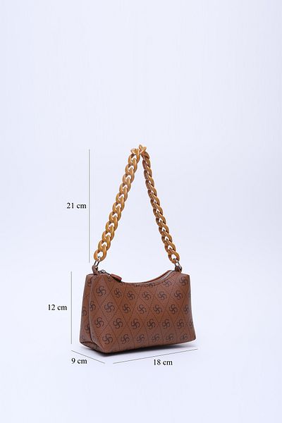 SHAKA Mini geantă de mână și de umăr din piele artificială imprimată cu monogramă maro - cu fermoar, un singur compartiment L:12 E:18 W:9