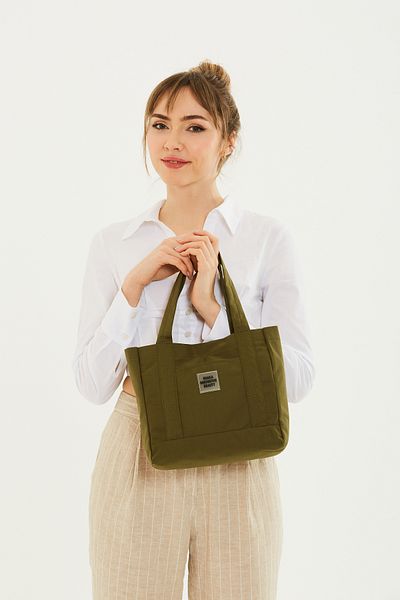 SHAKA Khaki Green U37 Snap Closure 2 Compartment Front Pocket Detailed Canvas Fabric Daily Women's Shoulder Bag