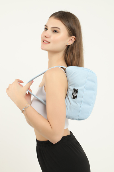 SHAKA Țesătură de pânză albastră U11, compartiment unic cu fermoar, geantă de mână, braț și umăr model baghetă