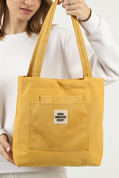 SHAKA Țesătură de pânză mustard U22, 3 compartimente, căptușită, cu închidere cu capsă, geantă de mână, de umăr și de braț