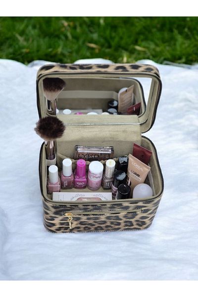 Moda fiesta Τσάντα μακιγιάζ ταξιδιού Leopard Motif με λαβή καθρέφτη Φορητή οργάνωση γυναικείου μακιγιάζ