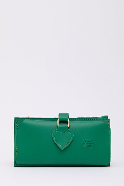 SHAKA Çimen Yeşili SHK65 Yumuşak Suni Deri Kalpli Çıtçıtlı Telefon Bozuk Ve Kağıt Para Bölmeli Kartlıklı C