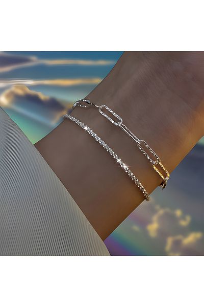Choice 2pcs pin 1-6pcs Shiny Silver Plated Copper Heart Rhinestone Chain Bracelets Set for Women Teen Y2K S