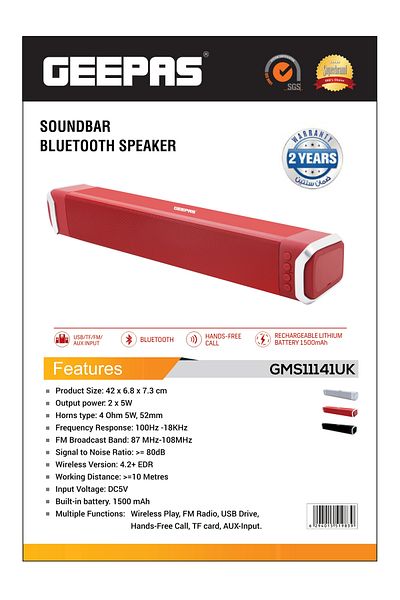 Geepas RechBT/Usb/Tf/Aux/Fm/Soundbar Spkr/1X25