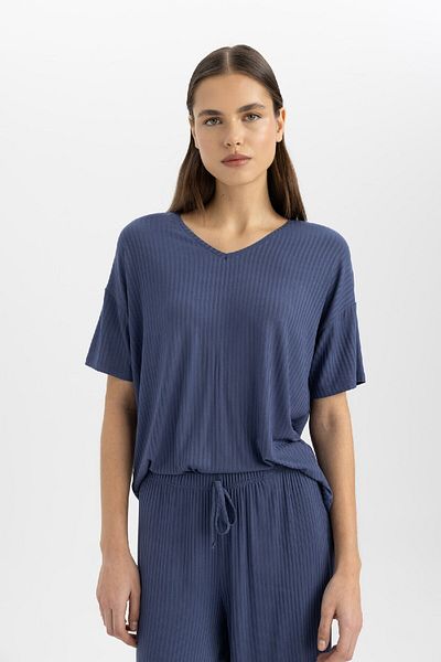 DeFacto Regular Fit Výstřih do V Krátký rukáv Běžné Pyžamo Top-fall In Love B6181ax24sp