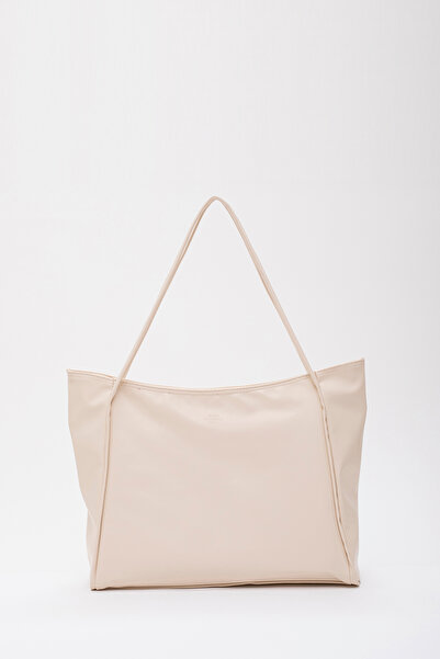 SHAKA Krem Shk90 Suni Deri İç Bölmeli Fermuarlı El, Kol Ve Omuz Shopper Çanta