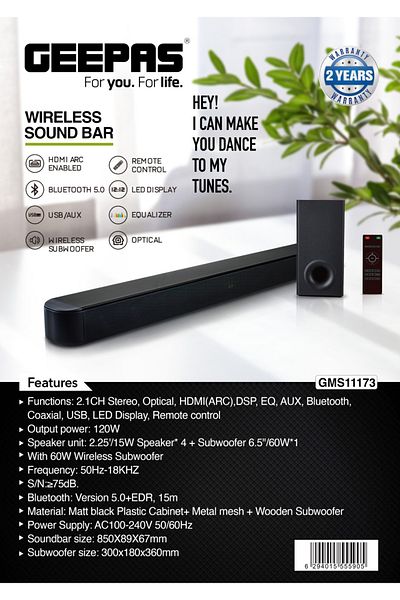 Geepas Wireless Sound Bar| USB/ AUX/Bluetooth/ HDMI Subwoofer With Remote Control and LED Display GMS11172