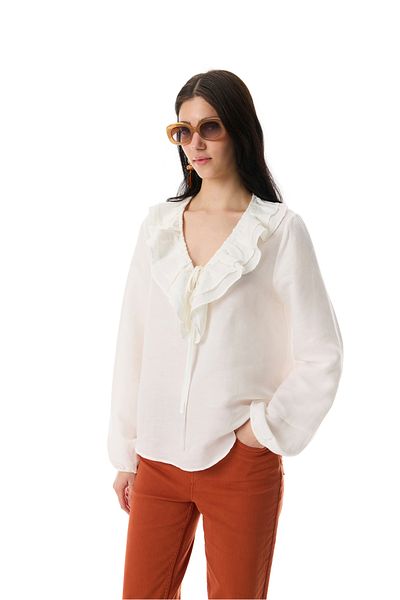 Mudo Oversize V-Neck Ruffled Bluz