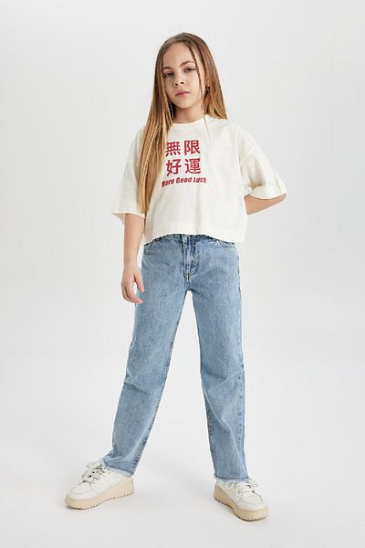DeFacto Girl's Crop T-Shirt - Crew Neck, Printed, Short Sleeve B9550A824Sm