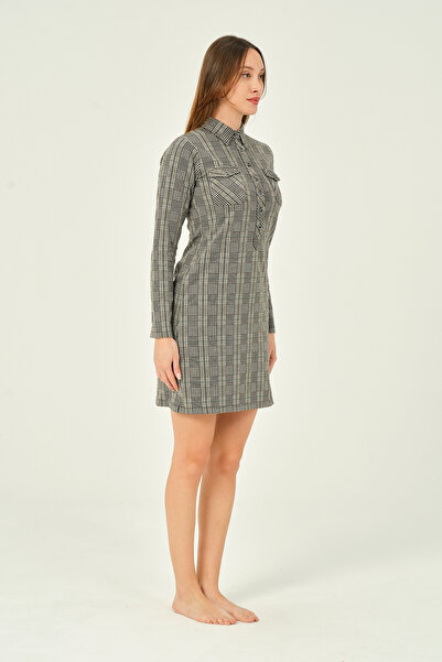 İntensive Φόρεμα με καρό μακρυμάνικο με κουμπιά μίντι βαμβακερό ζακάρ