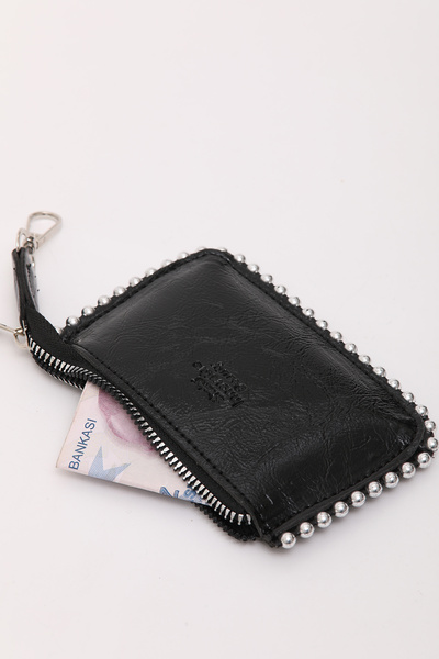 SHAKA Black Shk192 Faux Leather Beaded Charm Bag Accessory, Card Holder Wallet