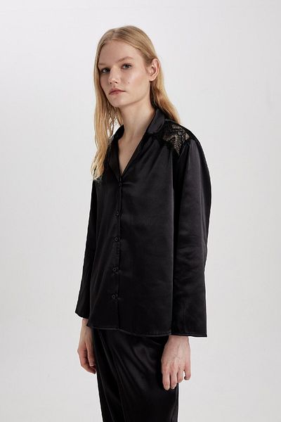 DeFacto Regular Fit Długi Rękaw Satynowa Casualowa Piżama Top-fall In Love B6198ax24sp