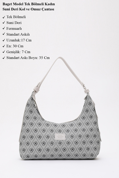 SHAKA Monogram Printed Gray Shk82 Baguette Model Single Compartment Women's Faux Leather Hand and Shoulder Bag