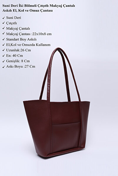 SHAKA Burgundy Shk80 Faux Leather Large Size Shoulder Bag with Front Pocket and Snap Fastener Makeup Bag