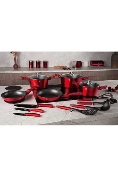 Berlinger 22-piece Burgundy Metallic Line Marble Surface Dinnerware Set