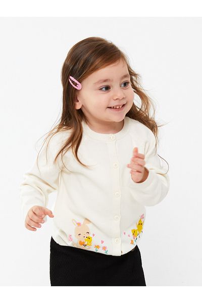 LC Waikiki Crew Neck Long Sleeve Embroidery Detailed Baby Girl Knitwear Cardigan
