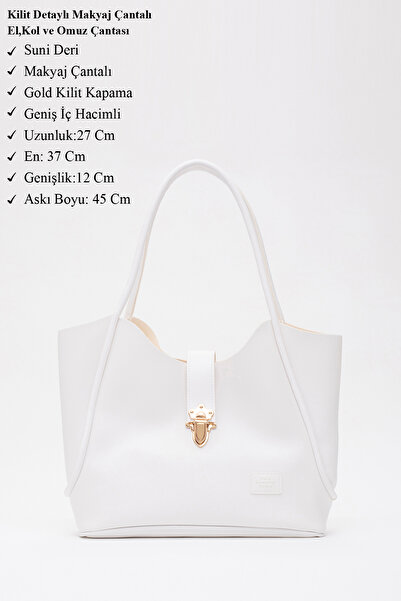 SHAKA Shk126 Model White Artificial Leather - Lock Detailed Makeup Bag, Hand and Shoulder Bag, L:27 E:37 W:12 cm