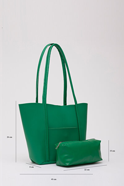 SHAKA Grass Green Shk80 Faux Leather Large Size Handbag and Shoulder Bag with Front Pocket and Snap Fastener Makeup Bag
