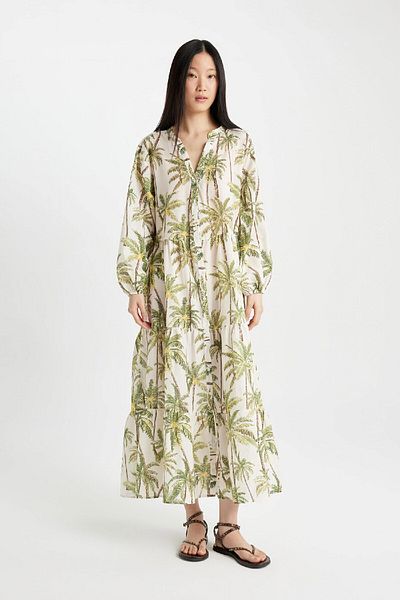 DeFacto Be in Love Print Langärmliges Maxi-Strandkleid - B5790AX24SM