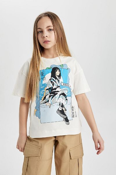 DeFacto Tricou cu mânecă scurtă imprimat cu mânecă scurtă, cu croiala largă, pentru fetiță C0245a824sm