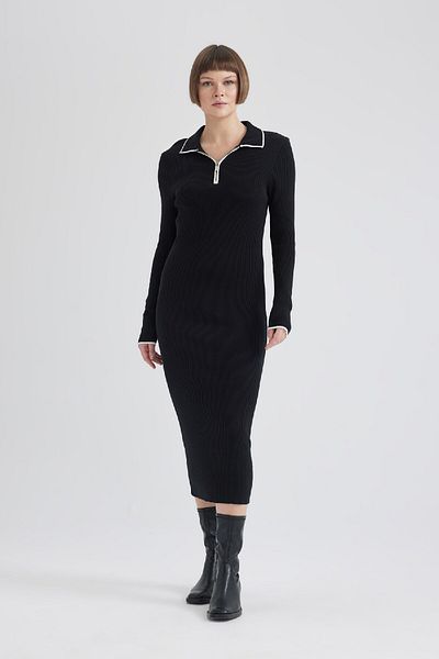 DeFacto Πλεκτό φόρεμα Polo Neck Maxi - Κανονική εφαρμογή, μισό φερμουάρ, μακρυμάνικο C1493ax24sp