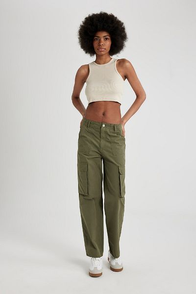 DeFacto High Waist Gabardine Pants - Standard Size with Cargo Pocket B0625Ax24Sp