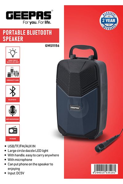 Geepas Portable Bluetooth Speaker, USB/ TF/ FM/ AUX-IN| Dazzle LED Light |With Microphone | GMS11156