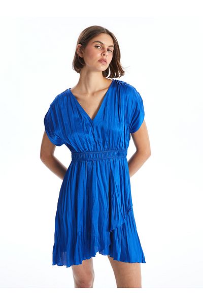 LC Waikiki V-Neck Straight Short Sleeve Satin Women's Dress