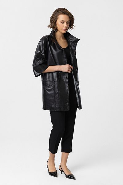 Deriderim Black Carlota Prevailing Collar Snap Closure Pocket Three-Quarter Sleeve Wide Cut Women's Genuine Leather Coat