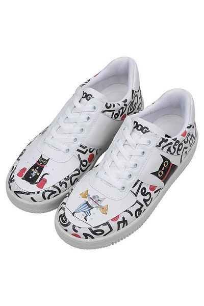 Dogo Pantofi albi din piele vegană de damă - design pisică și șoarece