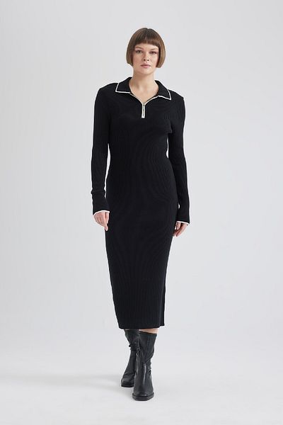 DeFacto Πλεκτό φόρεμα Polo Neck Maxi - Κανονική εφαρμογή, μισό φερμουάρ, μακρυμάνικο C1493ax24sp