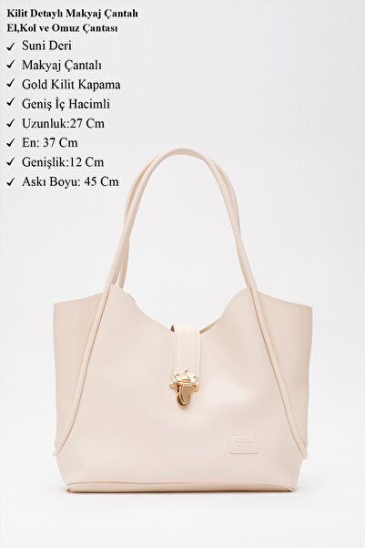 SHAKA Cream Shk126 Faux Leather Lock Detailed Makeup Bag Hand, Arm and Shoulder Bag