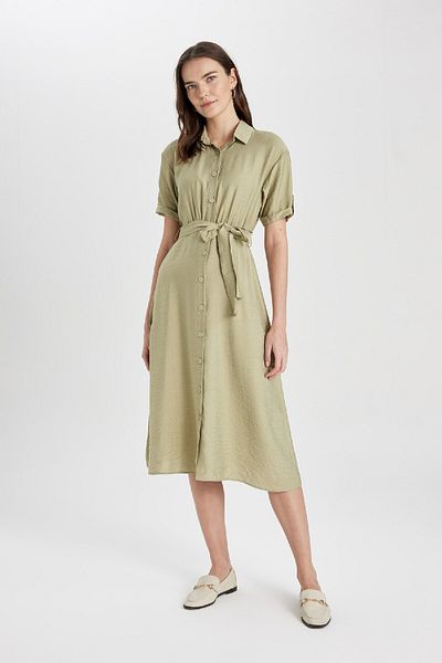 DeFacto Shirt Collar Linen Look Belted Short Sleeve Midi Dress U6943az24sm