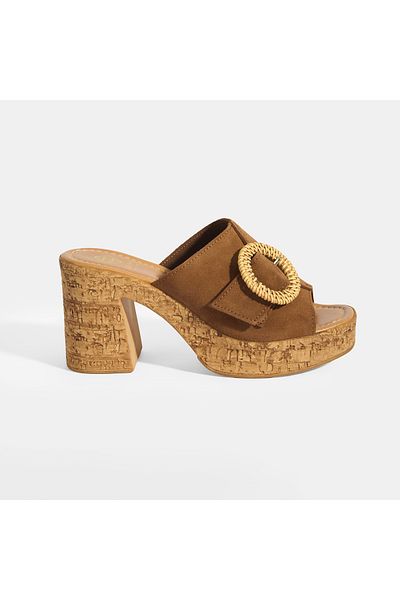 Desa Women's Tan Adjustable Buckle Detailed Suede Heeled Slippers