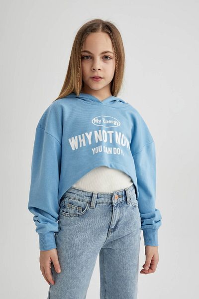 DeFacto Hanorac crop pentru fete - oversize, cu glugă, imprimat C0483a824sp