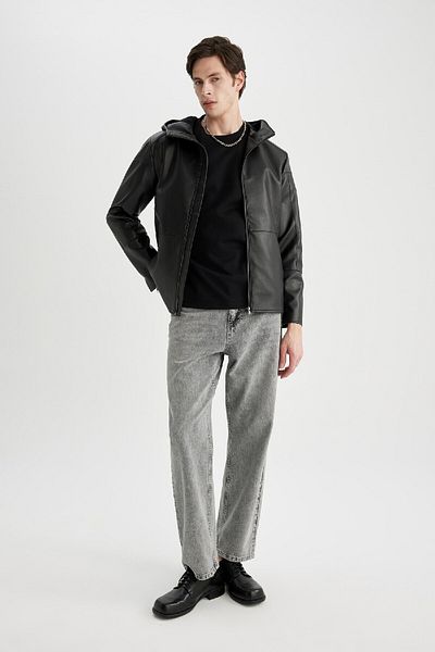 DeFacto Faux Leather Slim Fit Jacket Coat - Hood, Zip Pocket, Seasonal C1757Ax24Sp