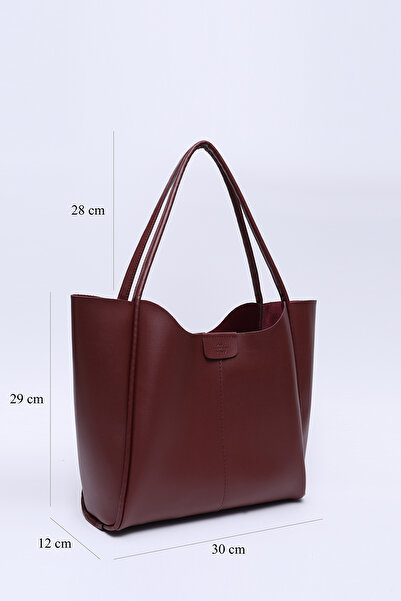 SHAKA Burgundy Shk76 Large Size Women's Hand and Shoulder Bag with Snap Fastener Strap Faux Leather Makeup Bag