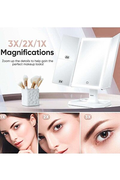 Yelajoy Portable Tri-Fold Cosmetic Mirror,Three LED Lights,Multi-Magnification,Touch Control,White