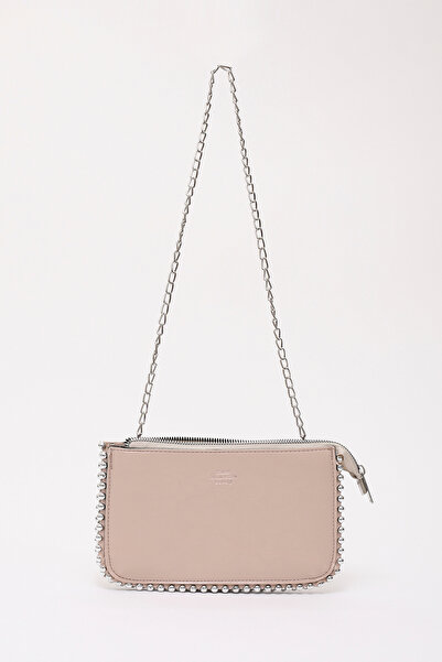 SHAKA Mink Shk182 Faux Leather 3 Compartment Bead Detailed Zippered Chain Str...