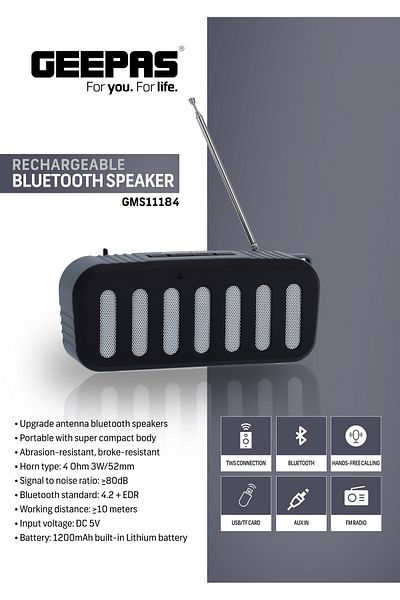 Geepas Rechargeable Bluetooth Speaker TWS Connection|1200mAh Battery | BT/ TF Card/ AUX/ USB| GMS11184