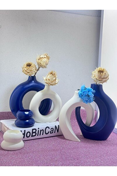 BLANJ Lacivert -Krem sevgili vazo set dekoratif halka mumluklu set