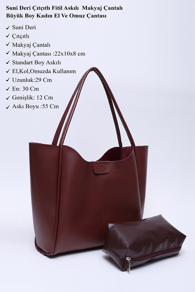 SHAKA Burgundy Shk76 Large Size Women's Hand and Shoulder Bag with Snap Fastener Strap Faux Leather Makeup Bag