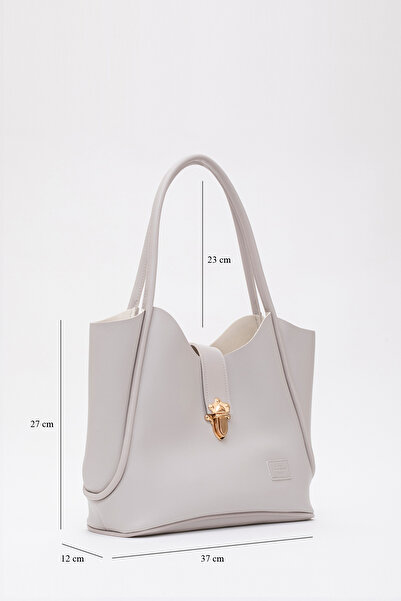 SHAKA Gray Shk126 Faux Leather Lock Detailed Makeup Bag Hand, Arm and Shoulder Bag