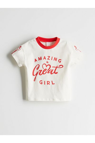 LC Waikiki Dziewczęcy T-shirt z okrągłym dekoltem i nadrukiem