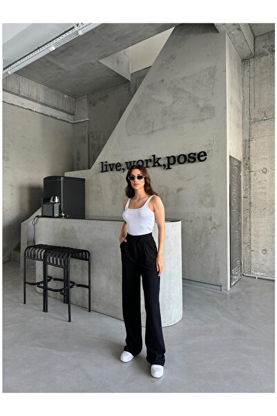 Livik Kadın Likralı Cırt Kapama Siyah Palazzo Pantolon